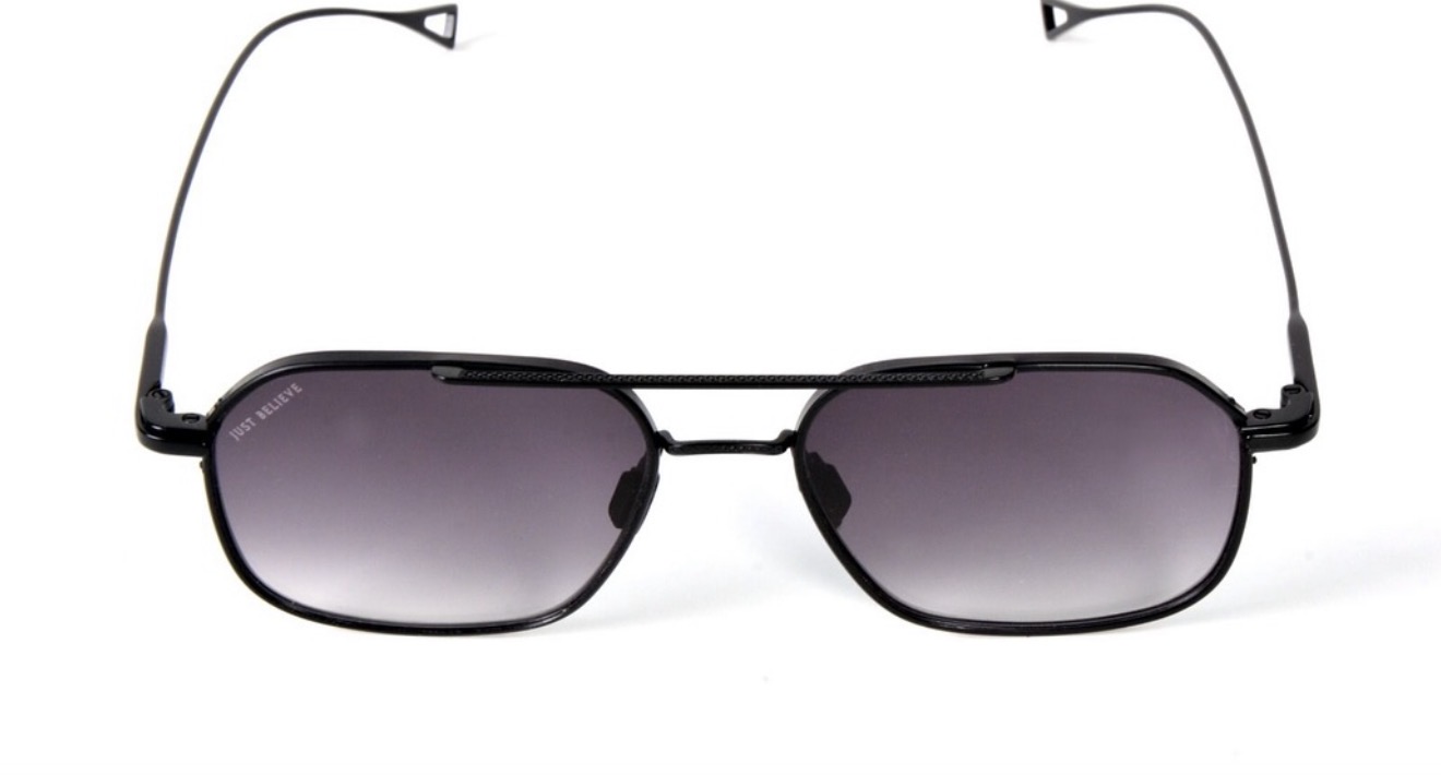 Just Believe black aviator sunglasses, the Chairmen edition, on a white studio background